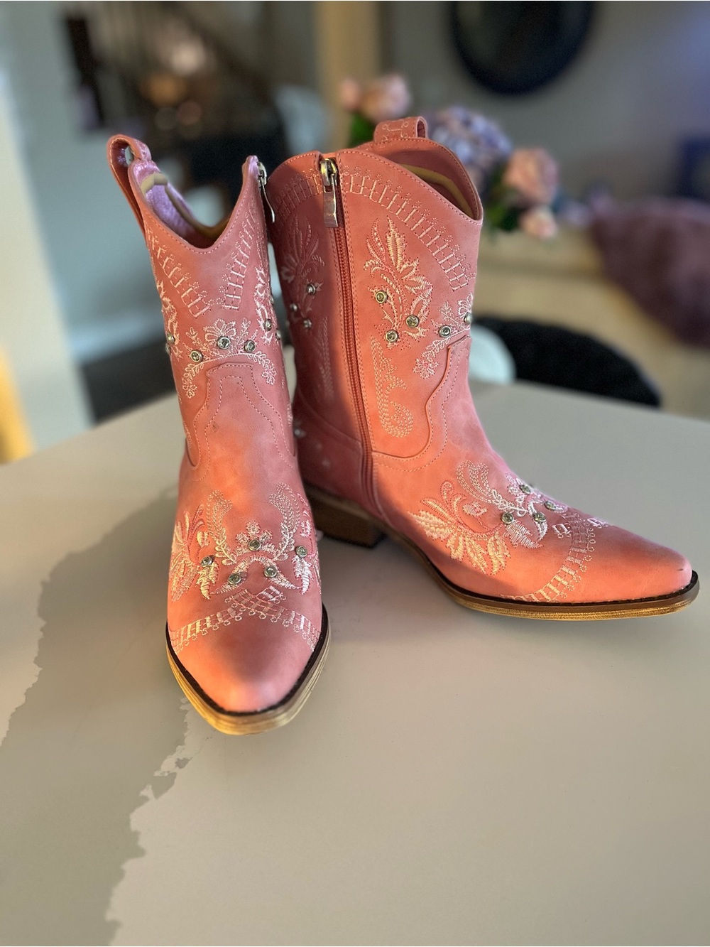 Women's Pink Embroidered Western Ankle Boots